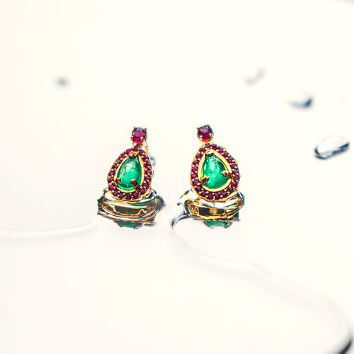 Emerald Drop Earrings with Sprinkled Rubies