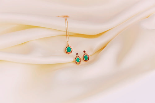 Emerald Drop Earrings with Sprinkled Rubies