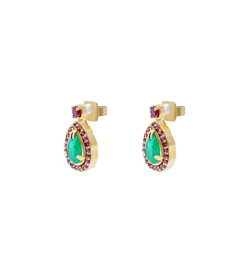 Emerald drop earrings with sprinkled rubies